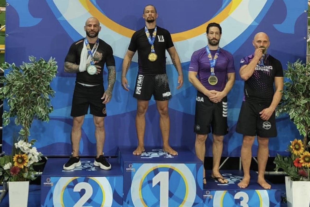 Lesedi Bewlay on the top step of the podium at the 2023 IBJJF European No-Gi Championship